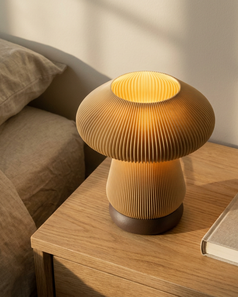 Marsh table lamp lit on an oak nightstand, open pleated top glowing warm